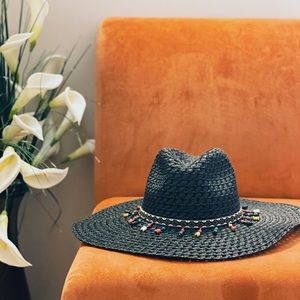 Woven Straw Beaded Wide Brim Panama Style Hat